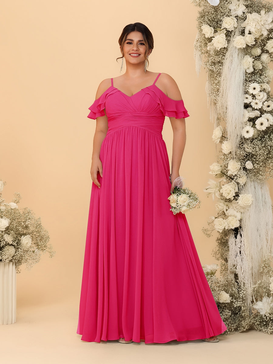 A-Line/Princess V-Neck Spaghetti Straps Chiffon Ruched Plus Size Bridesmaid Dresses - Image 23