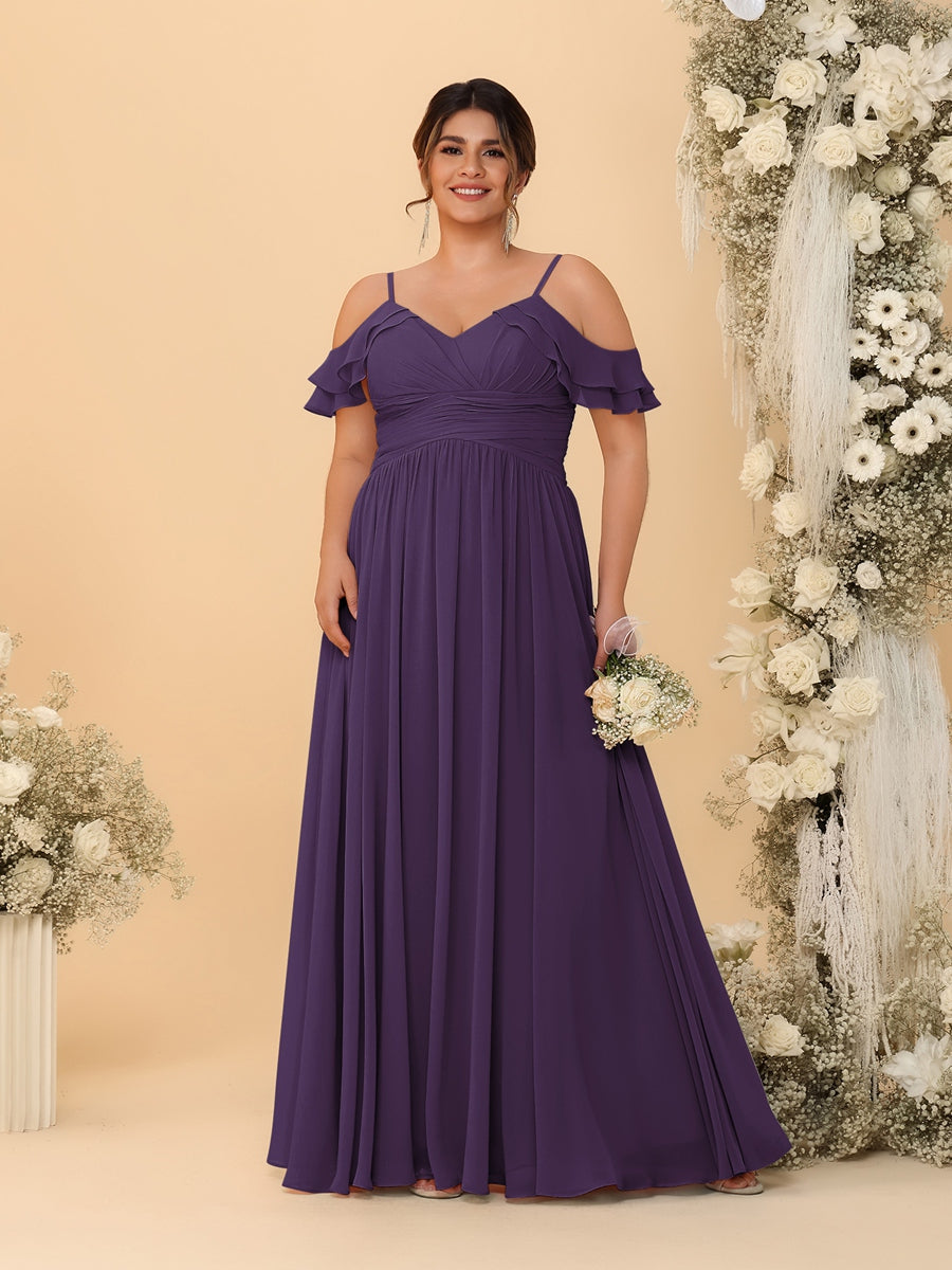 A-Line/Princess V-Neck Spaghetti Straps Chiffon Ruched Plus Size Bridesmaid Dresses - Image 25