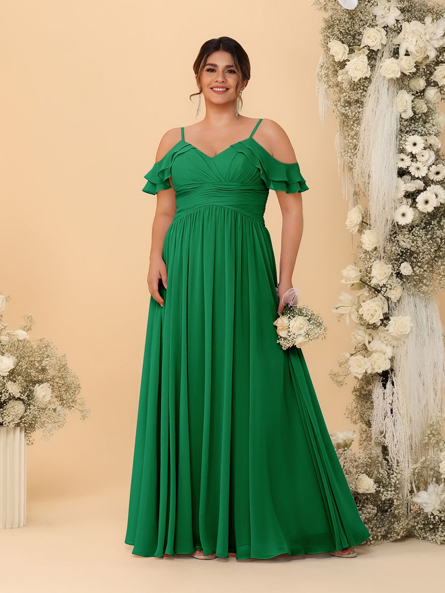 A-Line/Princess V-Neck Spaghetti Straps Chiffon Ruched Plus Size Bridesmaid Dresses - Image 27