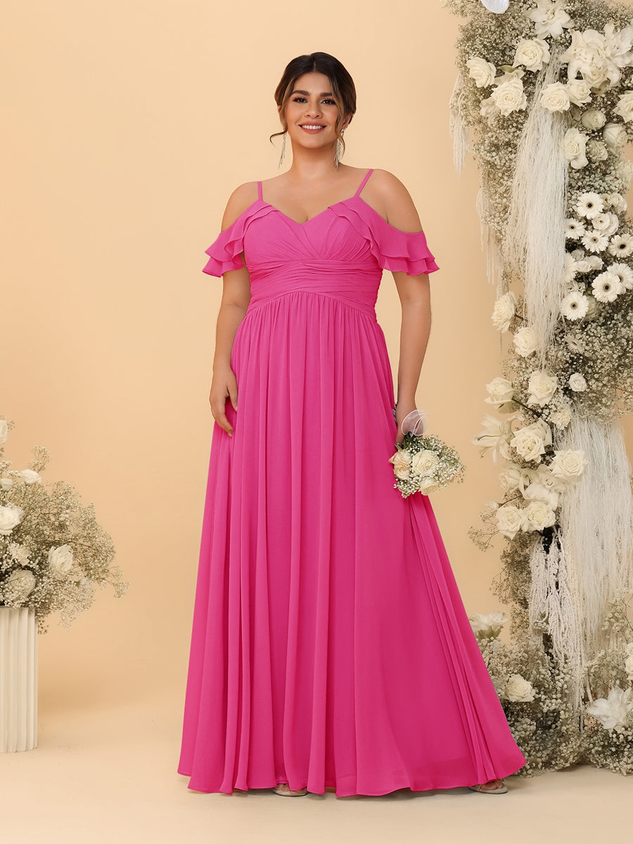 A-Line/Princess V-Neck Spaghetti Straps Chiffon Ruched Plus Size Bridesmaid Dresses - Image 28
