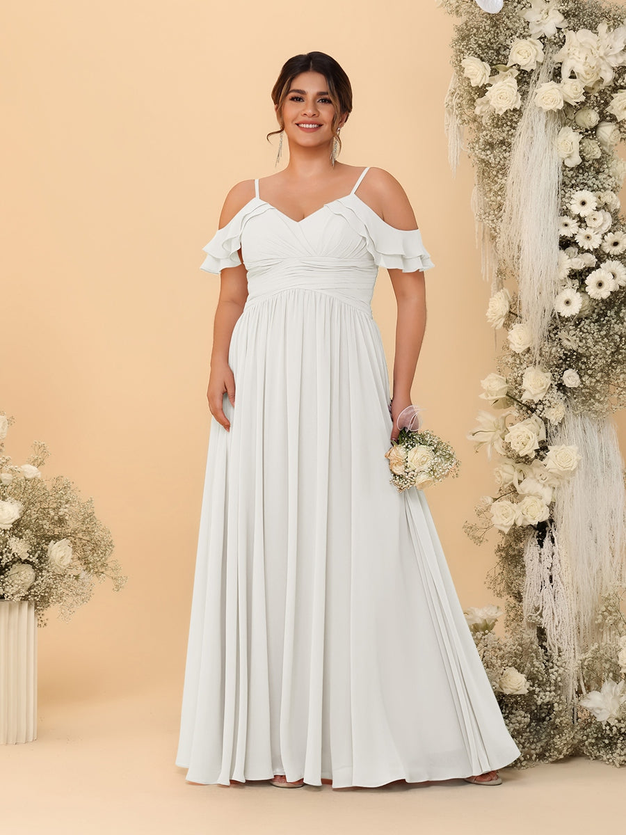 A-Line/Princess V-Neck Spaghetti Straps Chiffon Ruched Plus Size Bridesmaid Dresses - Image 29