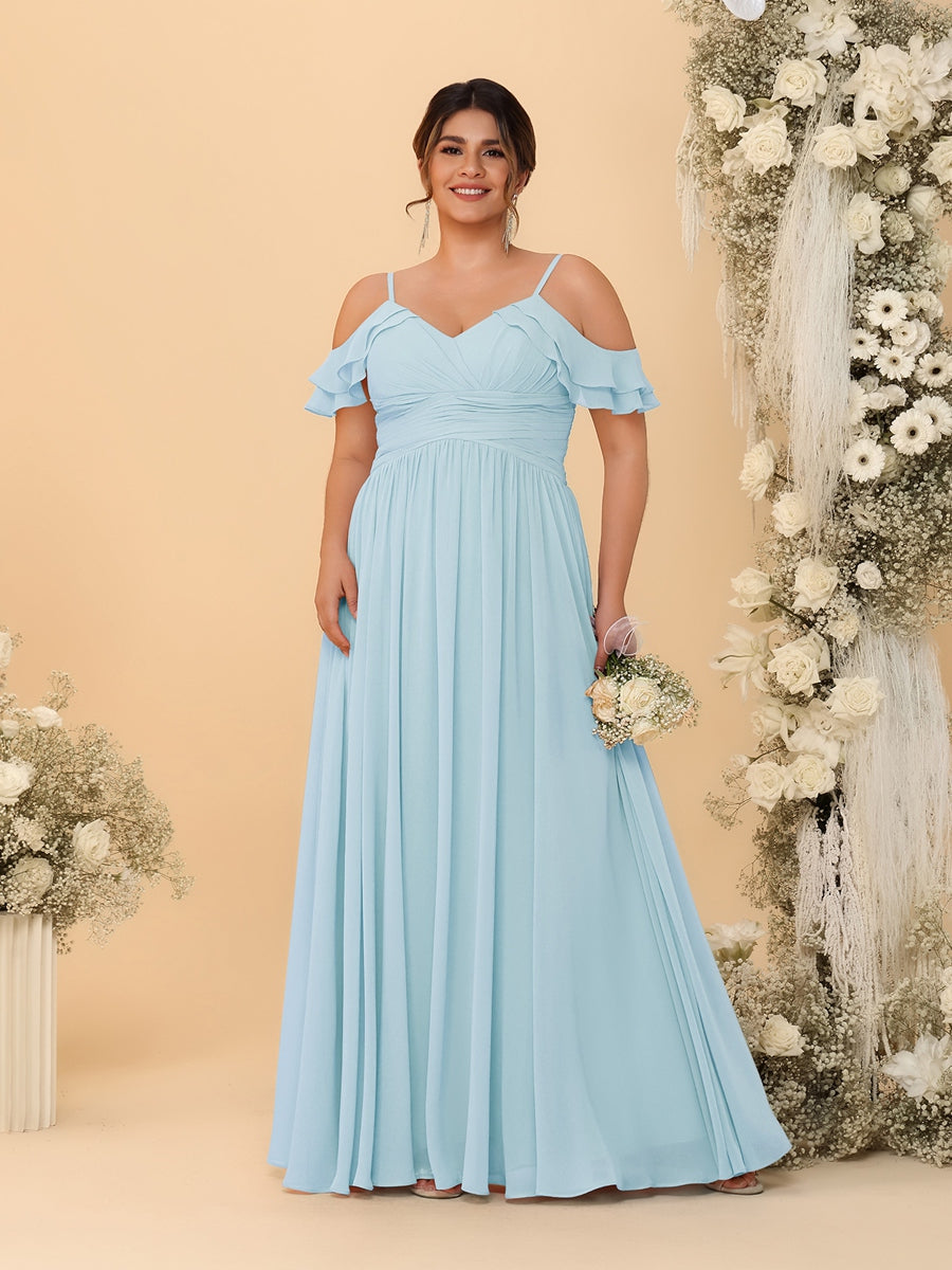 A-Line/Princess V-Neck Spaghetti Straps Chiffon Ruched Plus Size Bridesmaid Dresses - Image 31