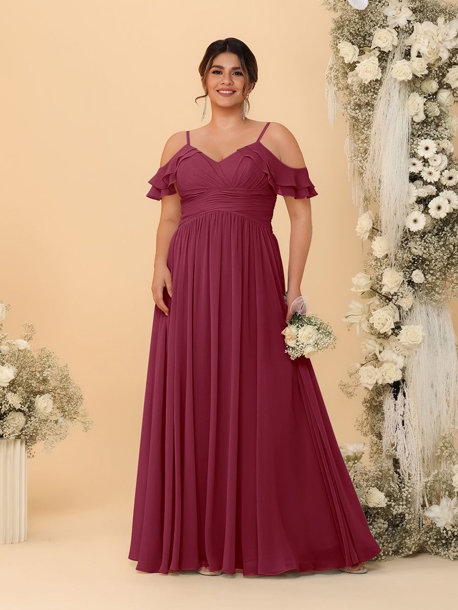 A-Line/Princess V-Neck Spaghetti Straps Chiffon Ruched Plus Size Bridesmaid Dresses - Image 32