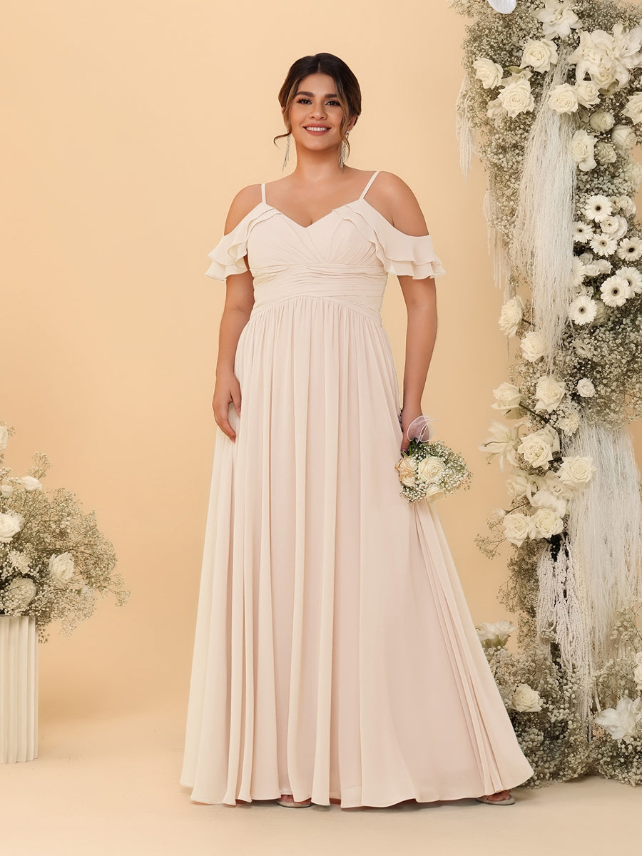 A-Line/Princess V-Neck Spaghetti Straps Chiffon Ruched Plus Size Bridesmaid Dresses - Image 33