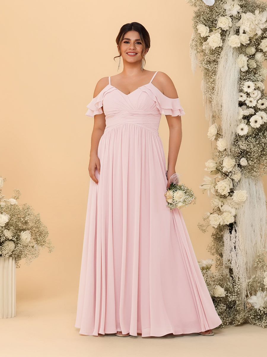 A-Line/Princess V-Neck Spaghetti Straps Chiffon Ruched Plus Size Bridesmaid Dresses - Image 34