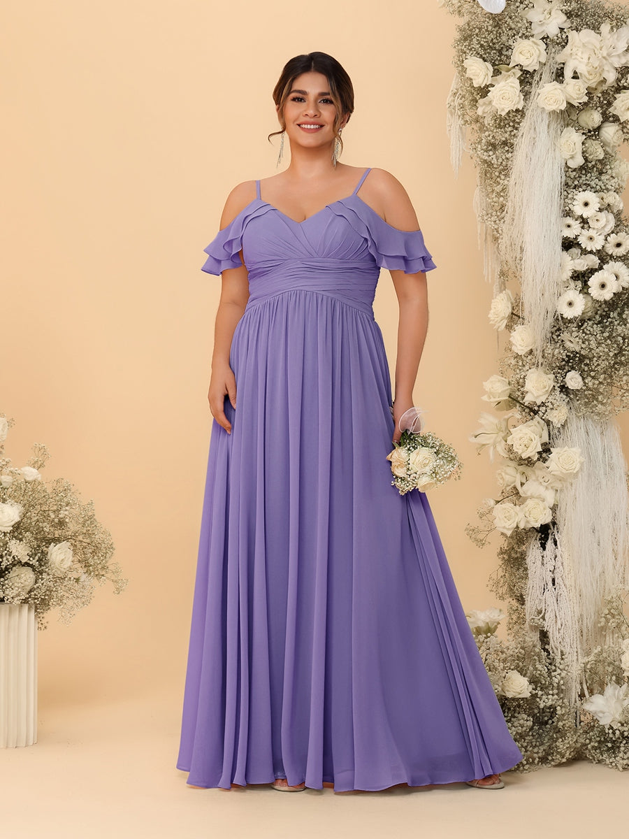 A-Line/Princess V-Neck Spaghetti Straps Chiffon Ruched Plus Size Bridesmaid Dresses - Image 35