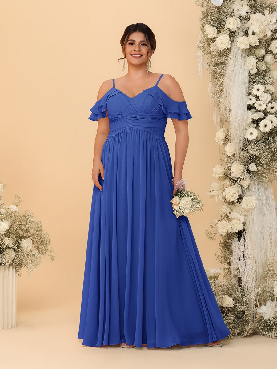 A-Line/Princess V-Neck Spaghetti Straps Chiffon Ruched Plus Size Bridesmaid Dresses - Image 36