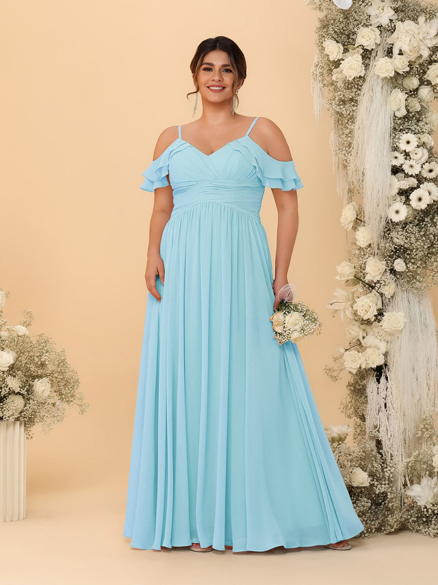 A-Line/Princess V-Neck Spaghetti Straps Chiffon Ruched Plus Size Bridesmaid Dresses - Image 37