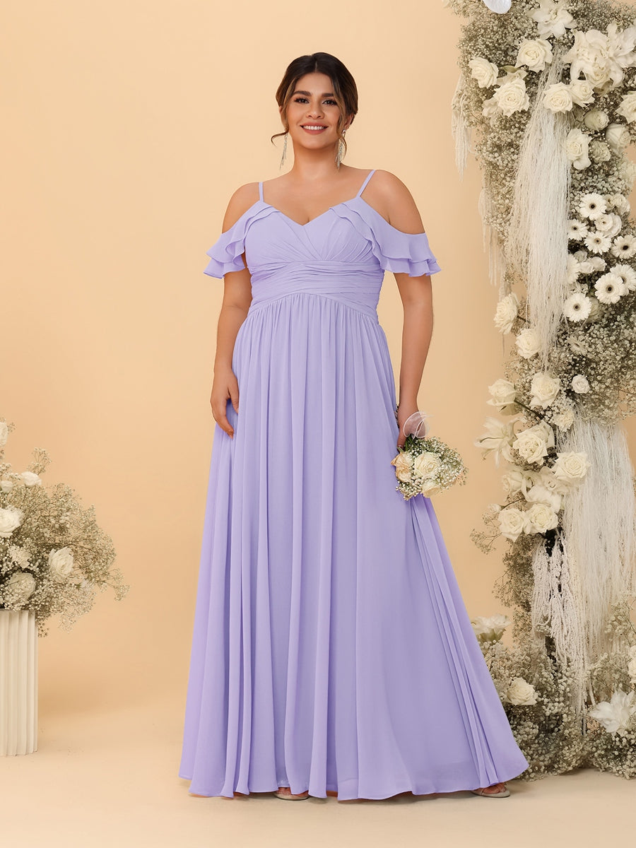 A-Line/Princess V-Neck Spaghetti Straps Chiffon Ruched Plus Size Bridesmaid Dresses - Image 38