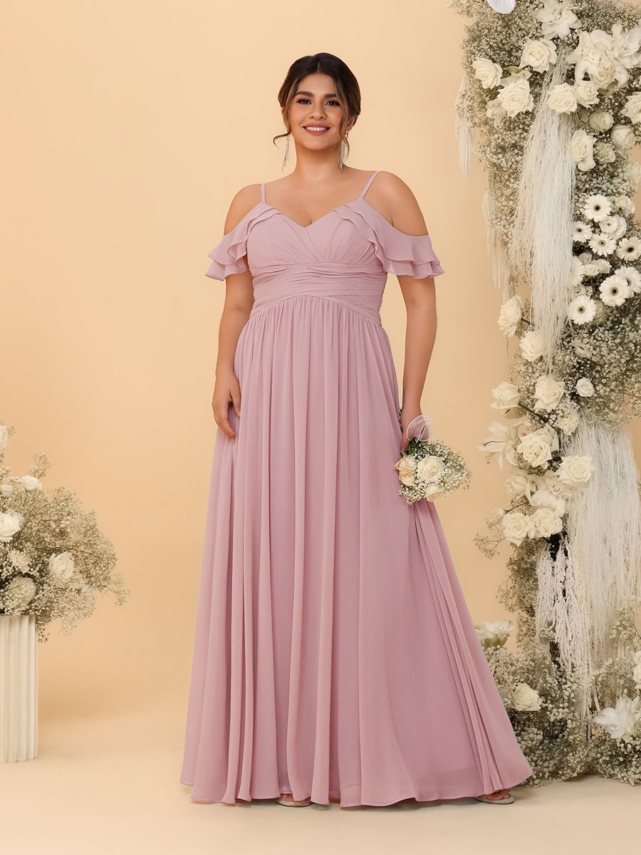 A-Line/Princess V-Neck Spaghetti Straps Chiffon Ruched Plus Size Bridesmaid Dresses - Image 39