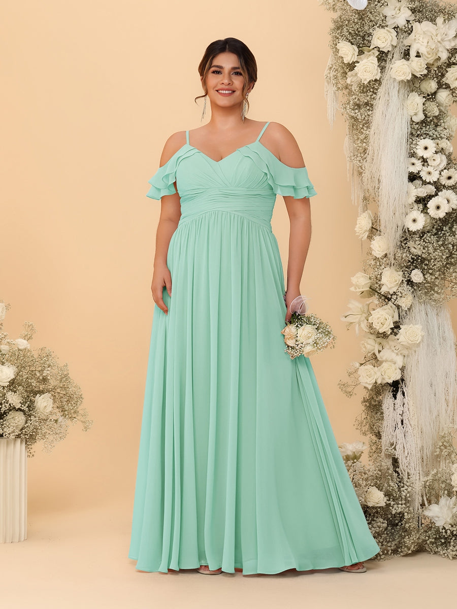 A-Line/Princess V-Neck Spaghetti Straps Chiffon Ruched Plus Size Bridesmaid Dresses - Image 40