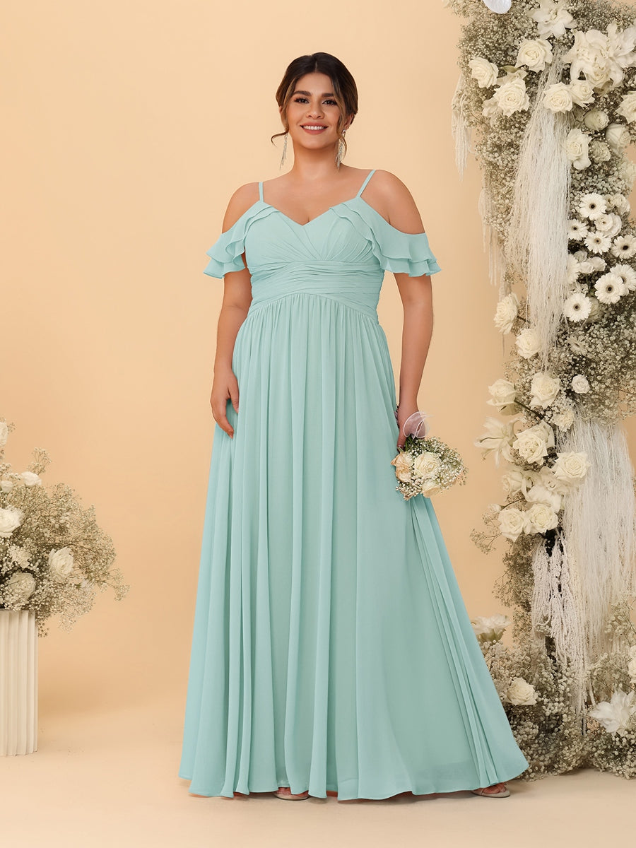 A-Line/Princess V-Neck Spaghetti Straps Chiffon Ruched Plus Size Bridesmaid Dresses - Image 41