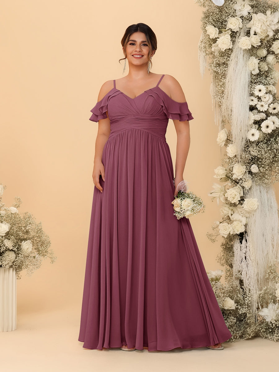 A-Line/Princess V-Neck Spaghetti Straps Chiffon Ruched Plus Size Bridesmaid Dresses - Image 42