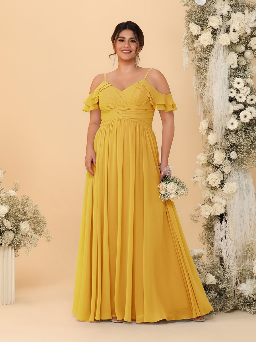 A-Line/Princess V-Neck Spaghetti Straps Chiffon Ruched Plus Size Bridesmaid Dresses - Image 43