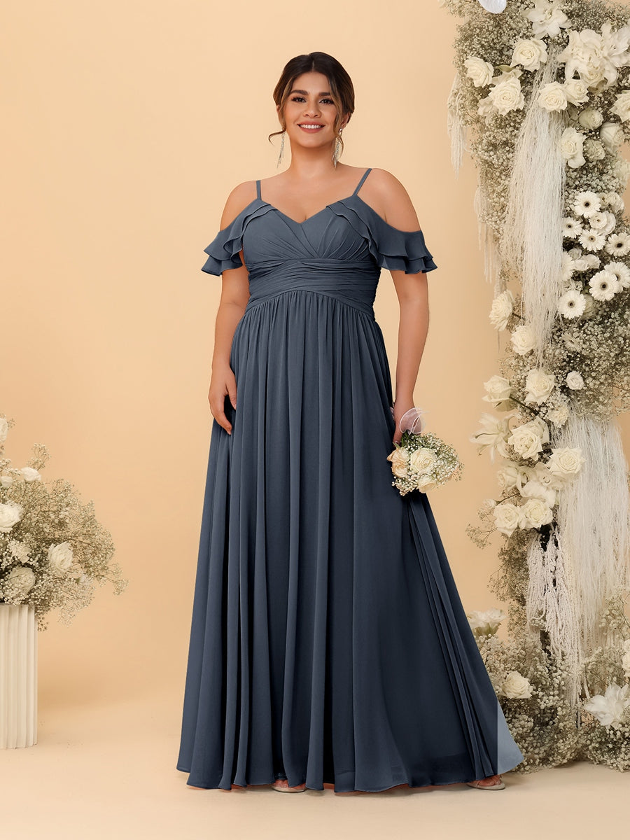 A-Line/Princess V-Neck Spaghetti Straps Chiffon Ruched Plus Size Bridesmaid Dresses - Image 44