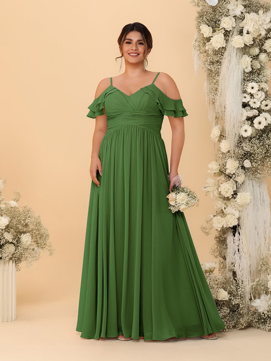 A-Line/Princess V-Neck Spaghetti Straps Chiffon Ruched Plus Size Bridesmaid Dresses - Image 47