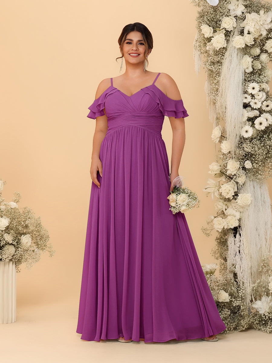 A-Line/Princess V-Neck Spaghetti Straps Chiffon Ruched Plus Size Bridesmaid Dresses - Image 49