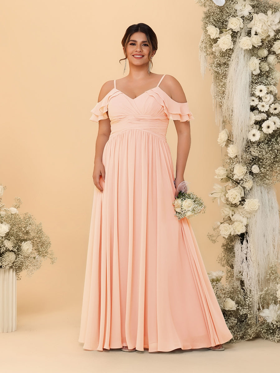 A-Line/Princess V-Neck Spaghetti Straps Chiffon Ruched Plus Size Bridesmaid Dresses - Image 50