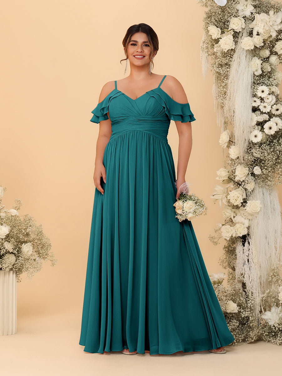 A-Line/Princess V-Neck Spaghetti Straps Chiffon Ruched Plus Size Bridesmaid Dresses - Image 51