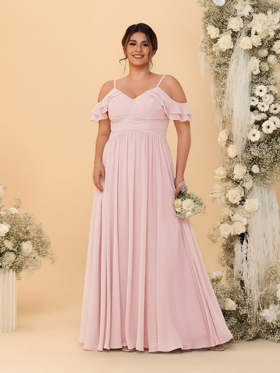 A-Line/Princess V-Neck Spaghetti Straps Chiffon Ruched Plus Size Bridesmaid Dresses - Image 52