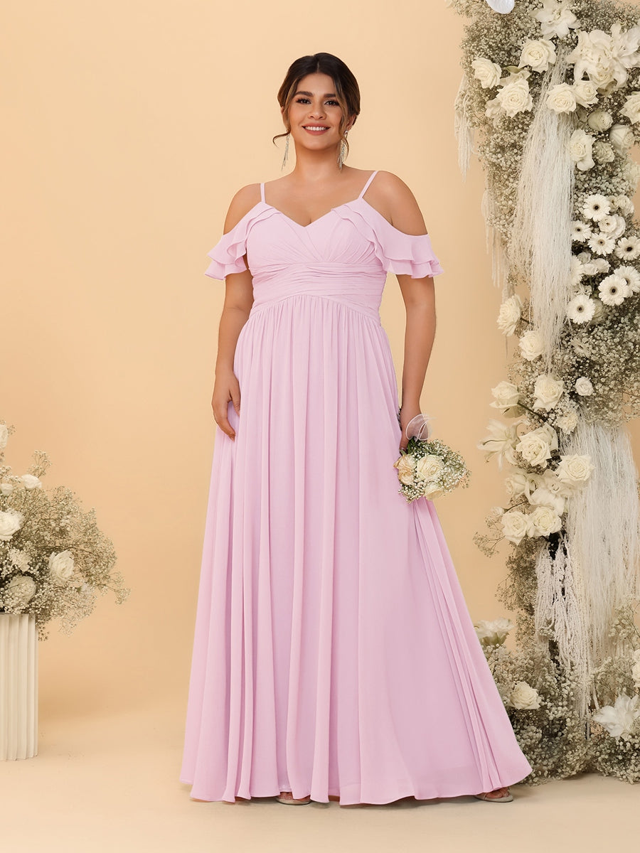 A-Line/Princess V-Neck Spaghetti Straps Chiffon Ruched Plus Size Bridesmaid Dresses - Image 53