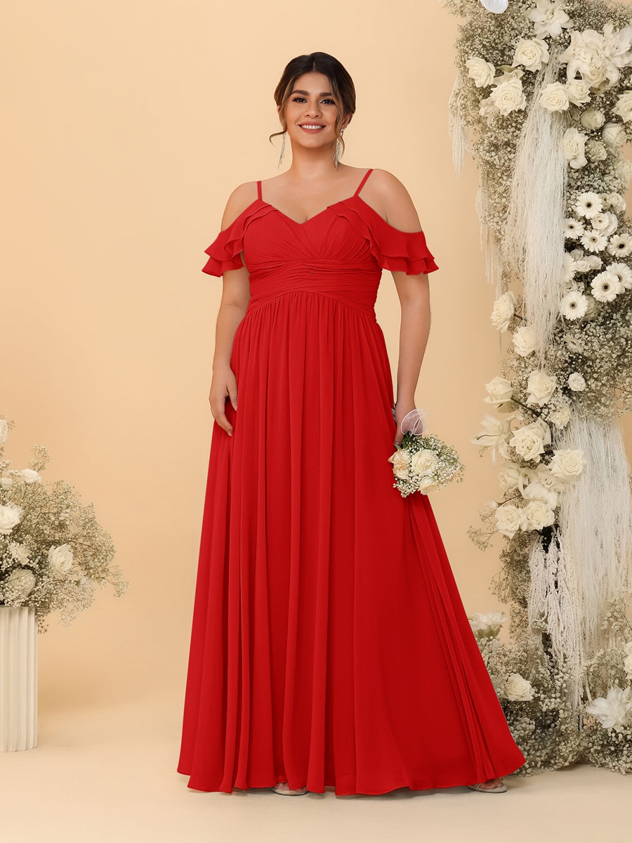 A-Line/Princess V-Neck Spaghetti Straps Chiffon Ruched Plus Size Bridesmaid Dresses - Image 56