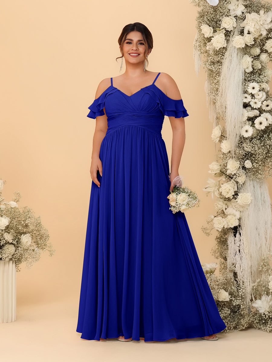 A-Line/Princess V-Neck Spaghetti Straps Chiffon Ruched Plus Size Bridesmaid Dresses - Image 57