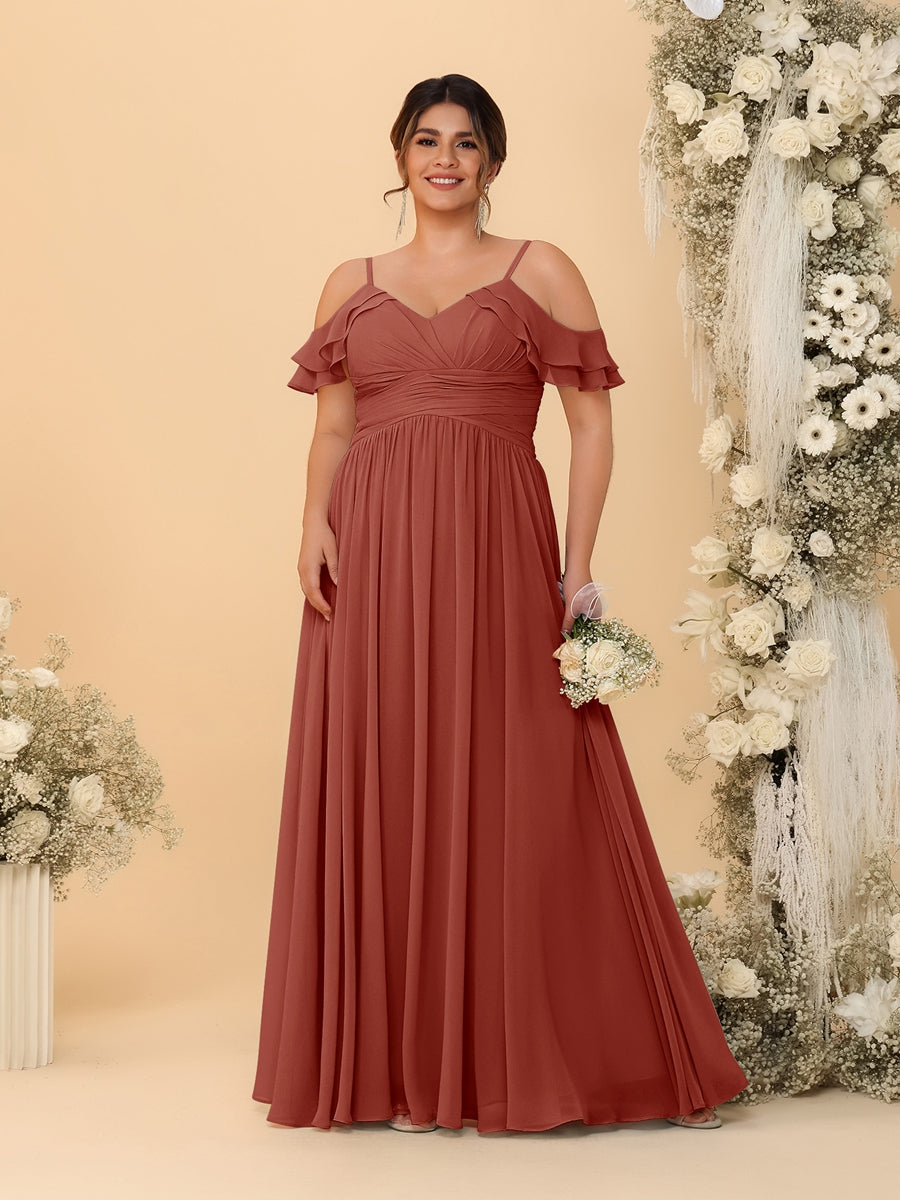 A-Line/Princess V-Neck Spaghetti Straps Chiffon Ruched Plus Size Bridesmaid Dresses - Image 58