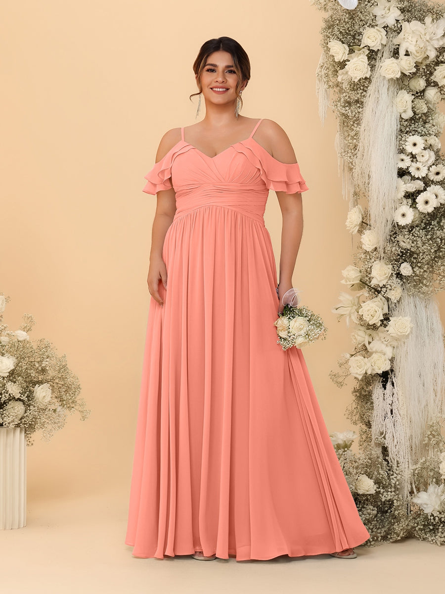 A-Line/Princess V-Neck Spaghetti Straps Chiffon Ruched Plus Size Bridesmaid Dresses - Image 60