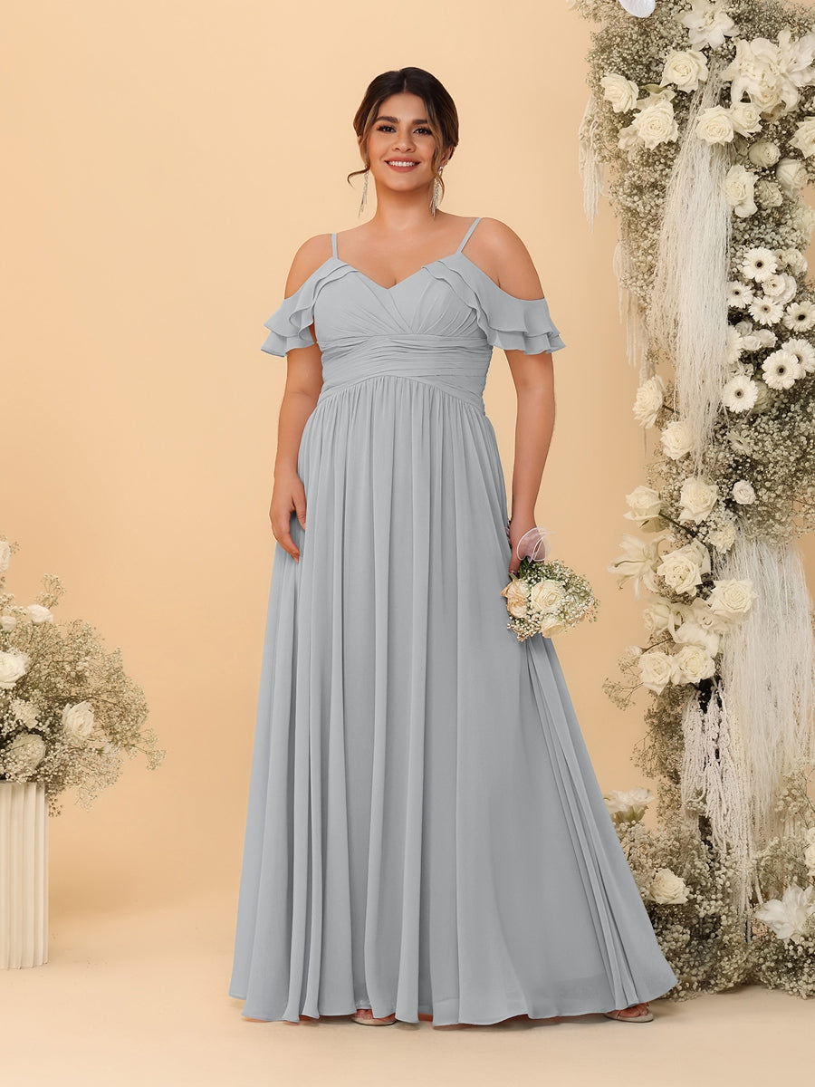 A-Line/Princess V-Neck Spaghetti Straps Chiffon Ruched Plus Size Bridesmaid Dresses - Image 61