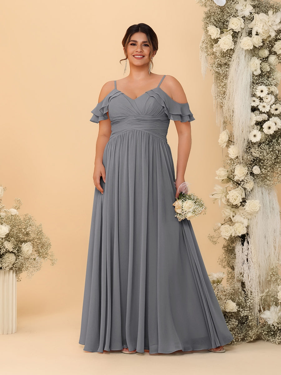 A-Line/Princess V-Neck Spaghetti Straps Chiffon Ruched Plus Size Bridesmaid Dresses - Image 62