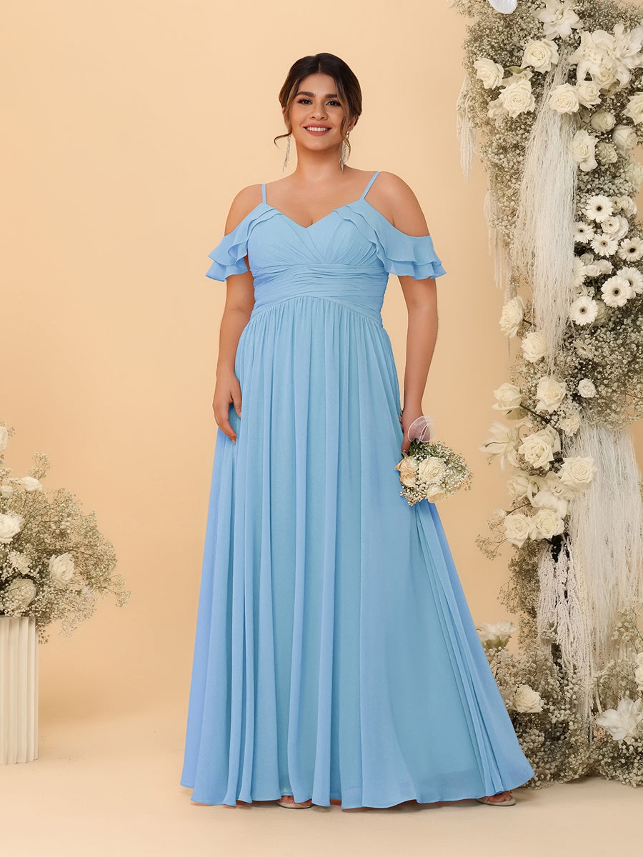 A-Line/Princess V-Neck Spaghetti Straps Chiffon Ruched Plus Size Bridesmaid Dresses - Image 63