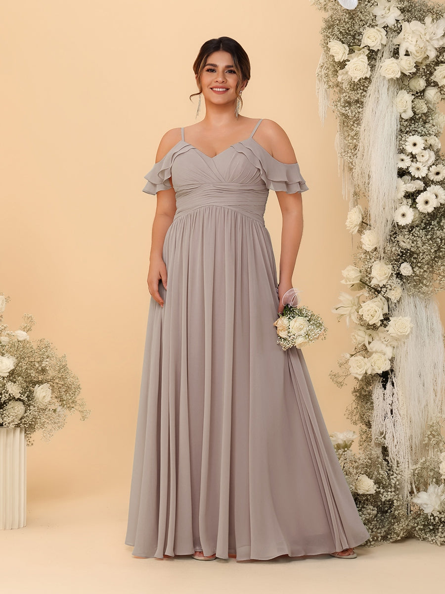 A-Line/Princess V-Neck Spaghetti Straps Chiffon Ruched Plus Size Bridesmaid Dresses - Image 67