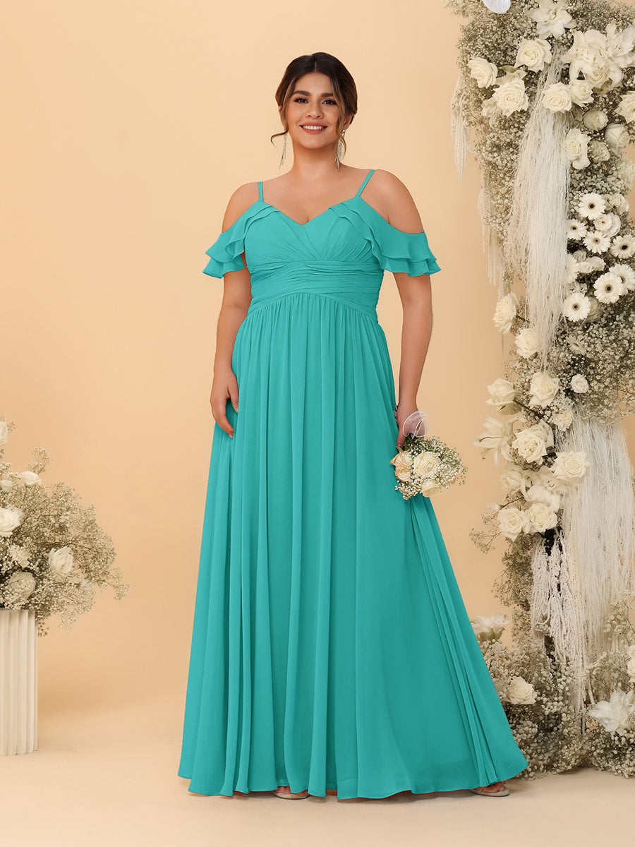 A-Line/Princess V-Neck Spaghetti Straps Chiffon Ruched Plus Size Bridesmaid Dresses - Image 69