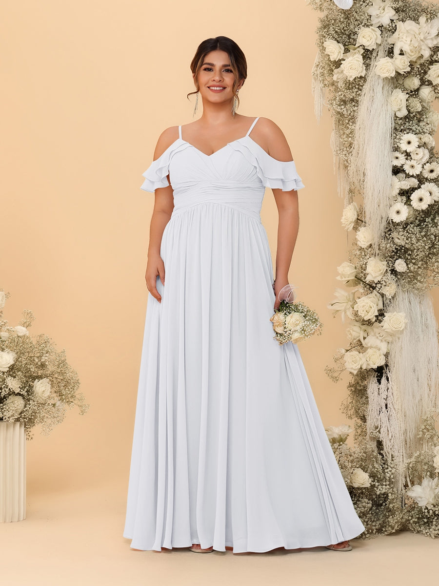 A-Line/Princess V-Neck Spaghetti Straps Chiffon Ruched Plus Size Bridesmaid Dresses - Image 70
