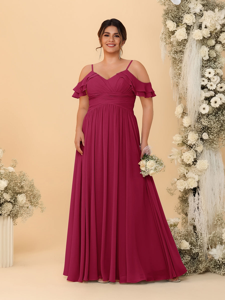 A-Line/Princess V-Neck Spaghetti Straps Chiffon Ruched Plus Size Bridesmaid Dresses - Image 71