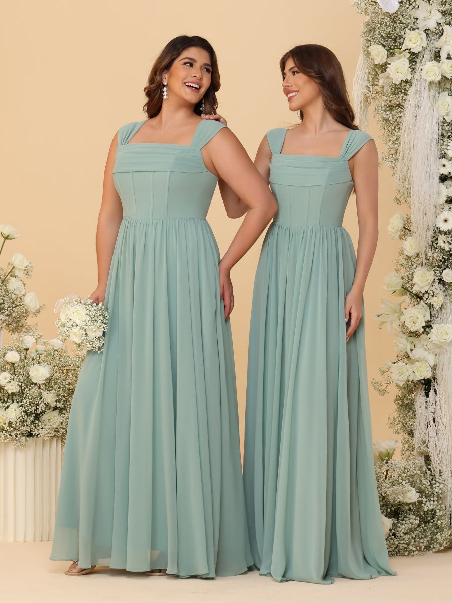 Chiffon A-Line/Princess Square Neck Sleeveless Bridesmaid Dresses with Pleats - Image 3