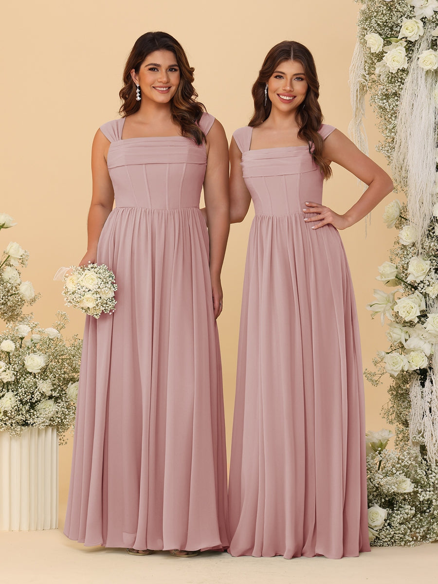 Chiffon A-Line/Princess Square Neck Sleeveless Bridesmaid Dresses with Pleats - Image 19