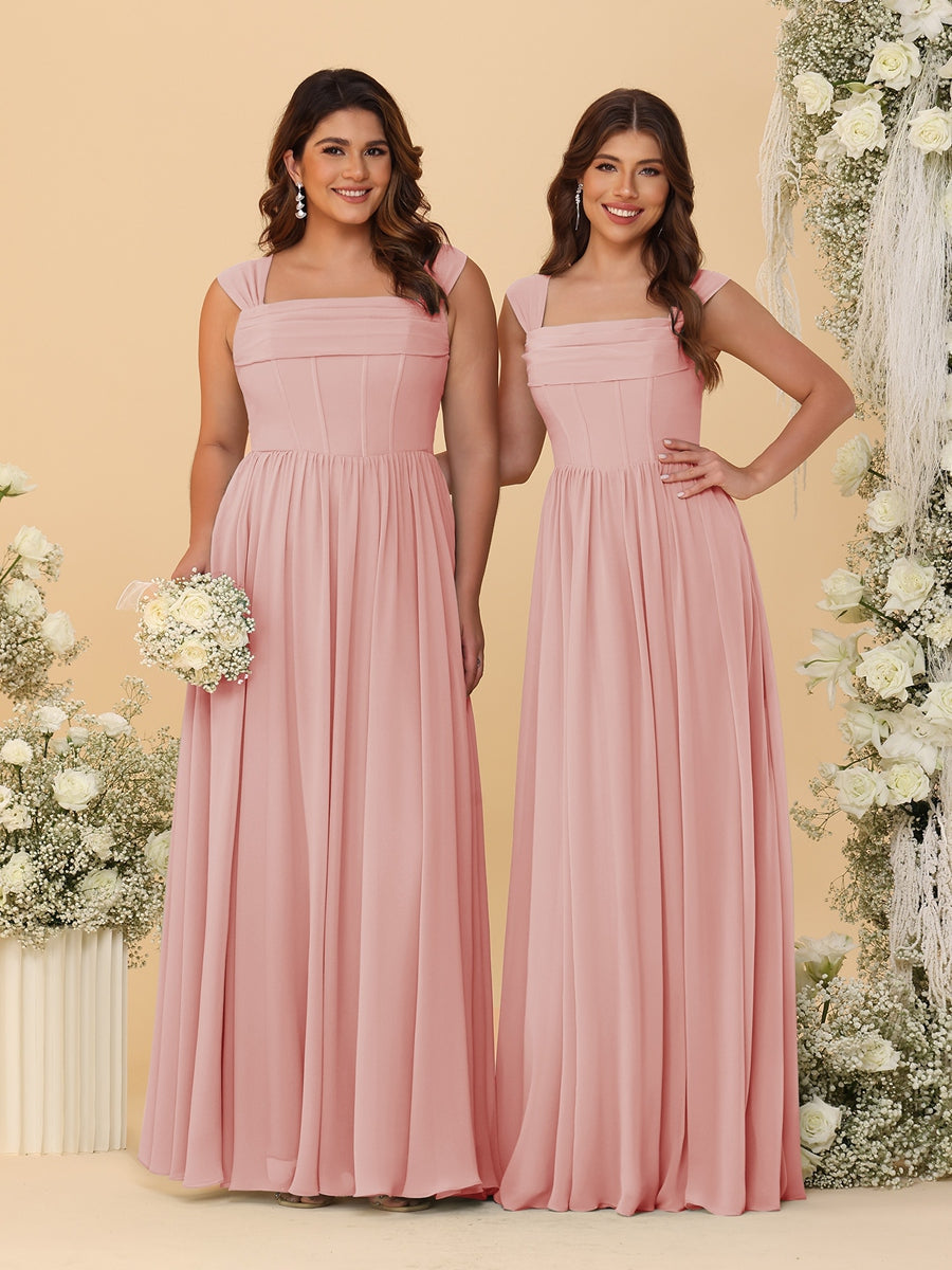 Chiffon A-Line/Princess Square Neck Sleeveless Bridesmaid Dresses with Pleats - Image 21