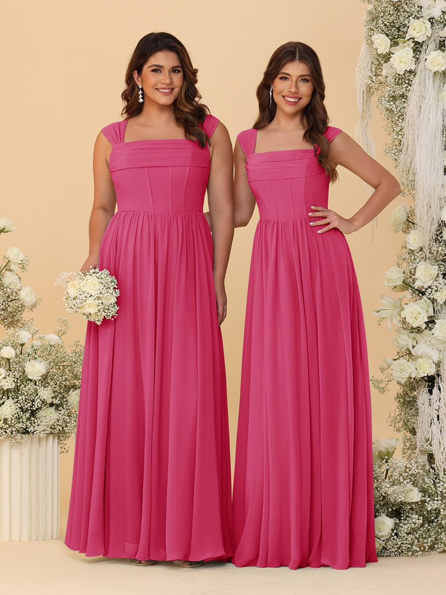 Chiffon A-Line/Princess Square Neck Sleeveless Bridesmaid Dresses with Pleats - Image 25