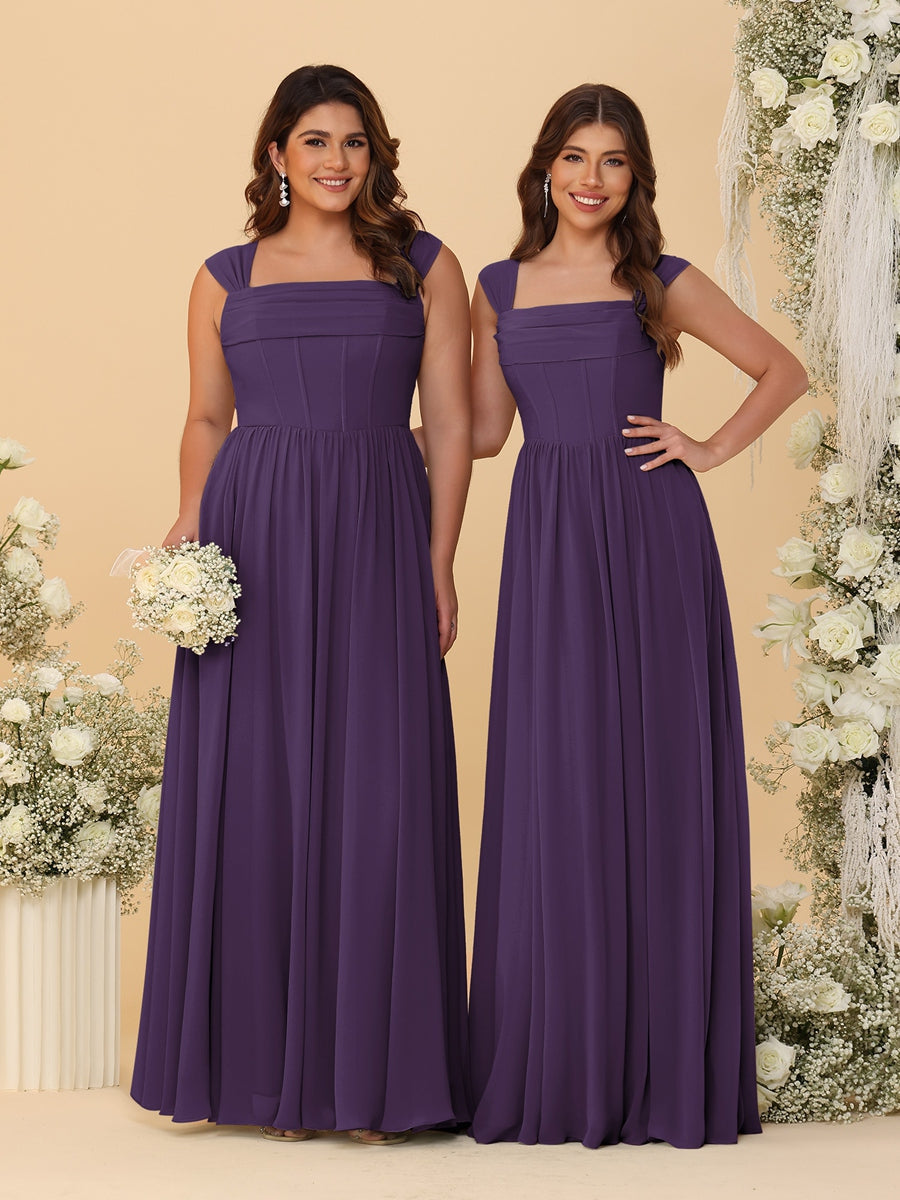 Chiffon A-Line/Princess Square Neck Sleeveless Bridesmaid Dresses with Pleats - Image 28