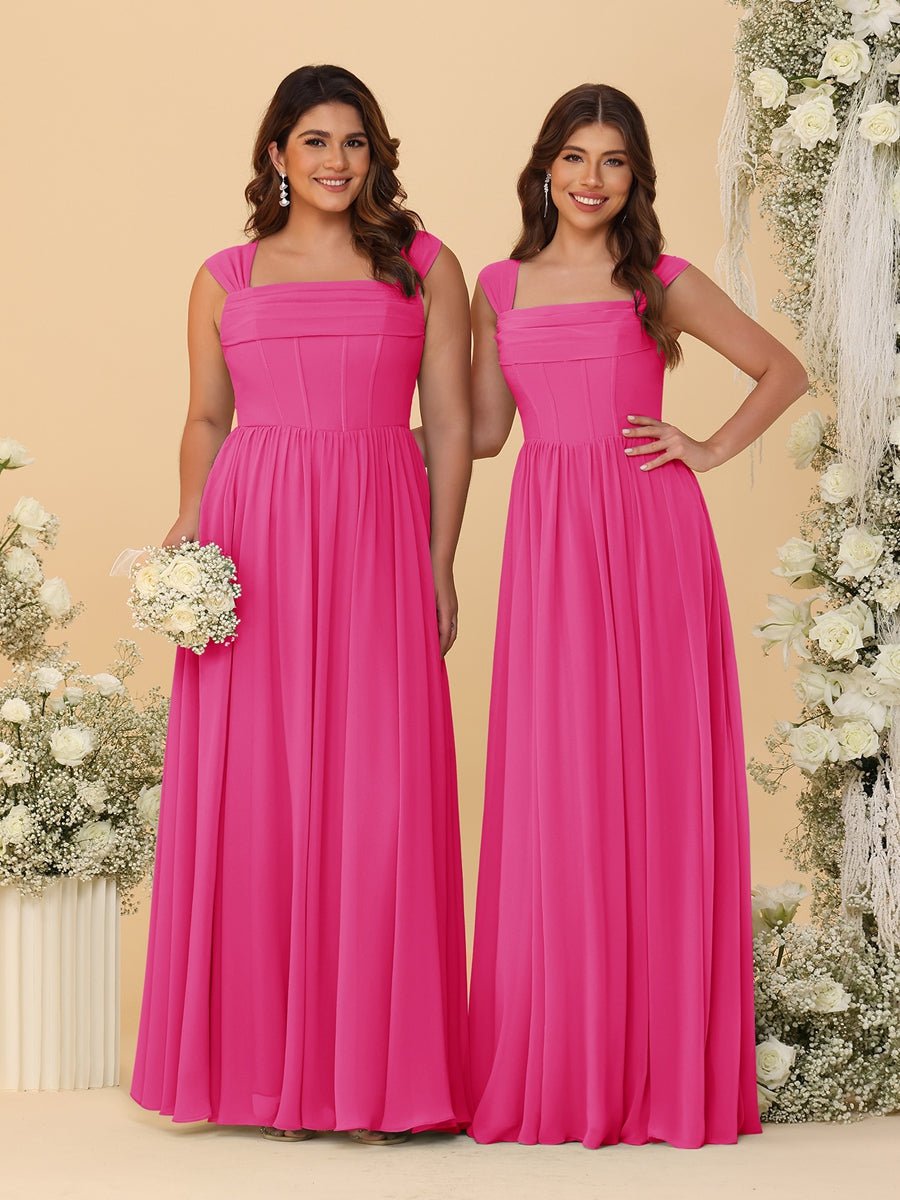 Chiffon A-Line/Princess Square Neck Sleeveless Bridesmaid Dresses with Pleats - Image 31