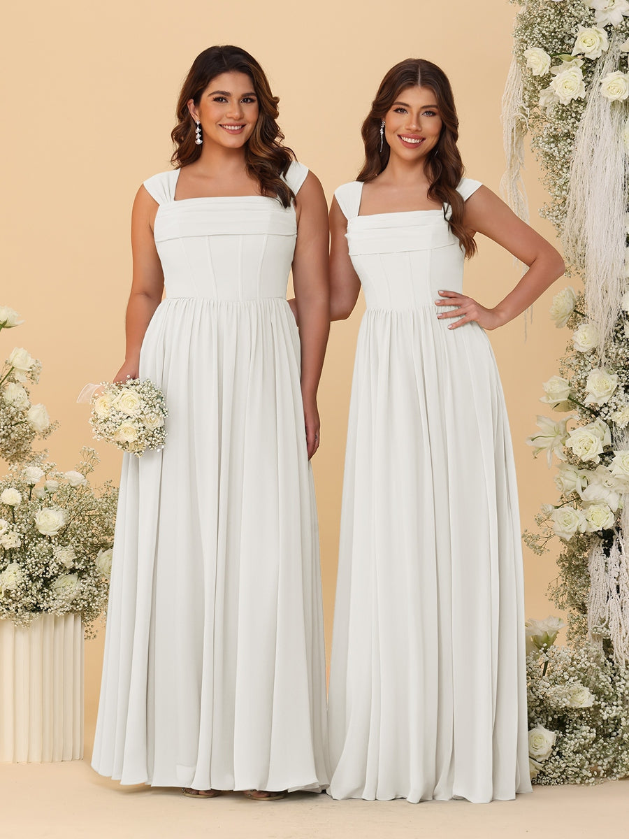Chiffon A-Line/Princess Square Neck Sleeveless Bridesmaid Dresses with Pleats - Image 32