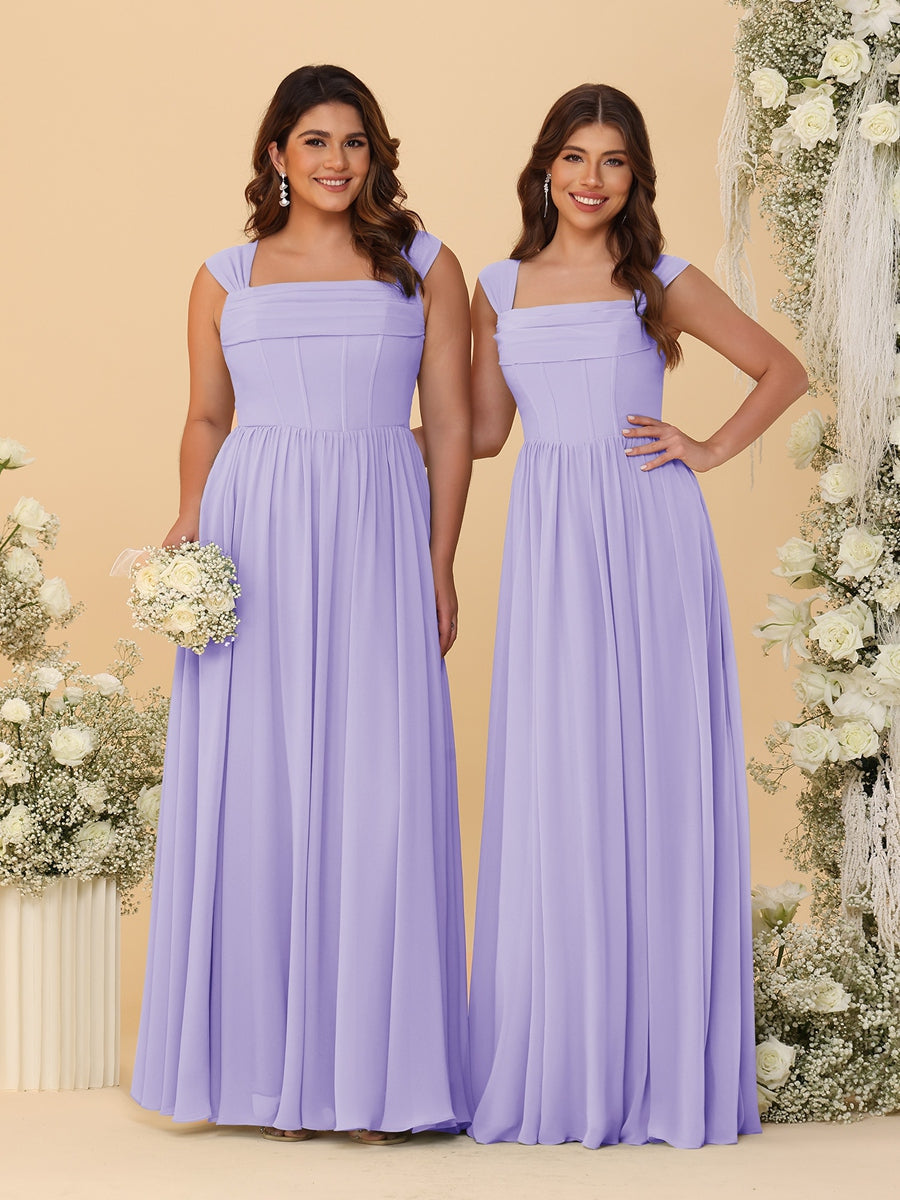 Chiffon A-Line/Princess Square Neck Sleeveless Bridesmaid Dresses with Pleats - Image 41