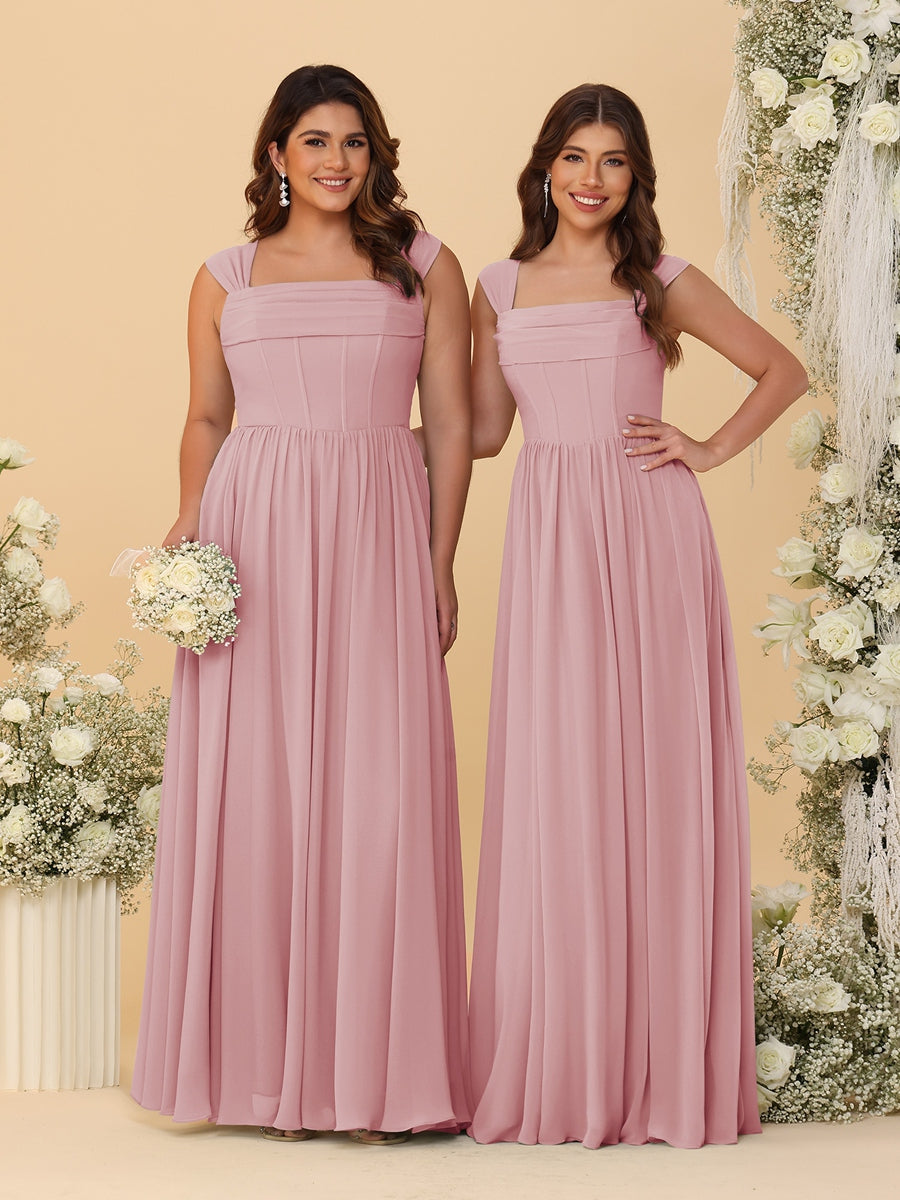 Chiffon A-Line/Princess Square Neck Sleeveless Bridesmaid Dresses with Pleats - Image 42