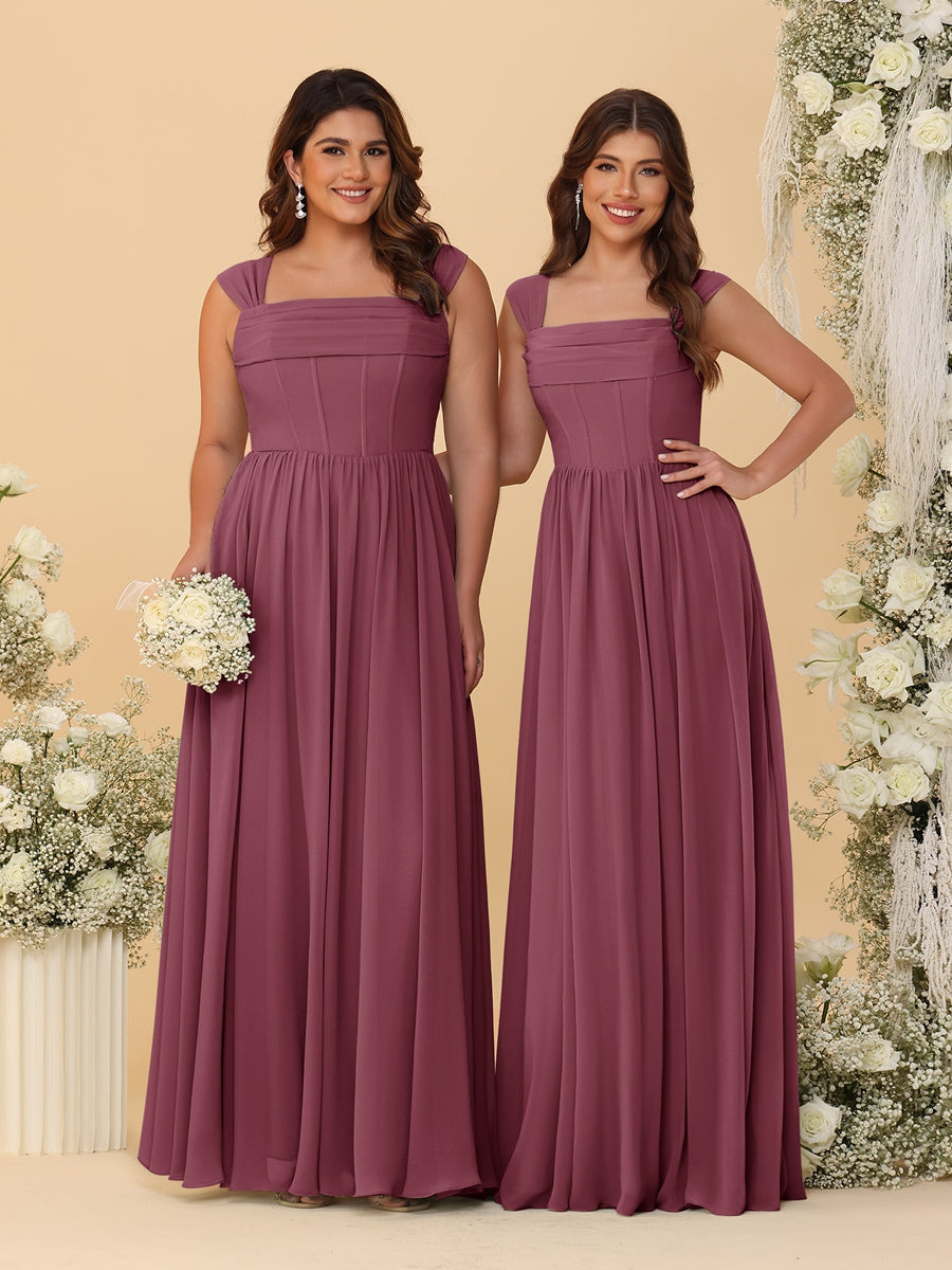 Chiffon A-Line/Princess Square Neck Sleeveless Bridesmaid Dresses with Pleats - Image 45