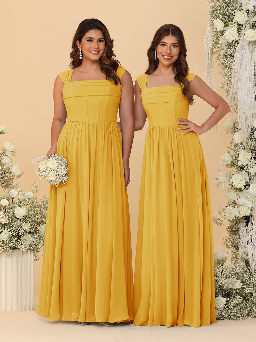 Chiffon A-Line/Princess Square Neck Sleeveless Bridesmaid Dresses with Pleats - Image 46