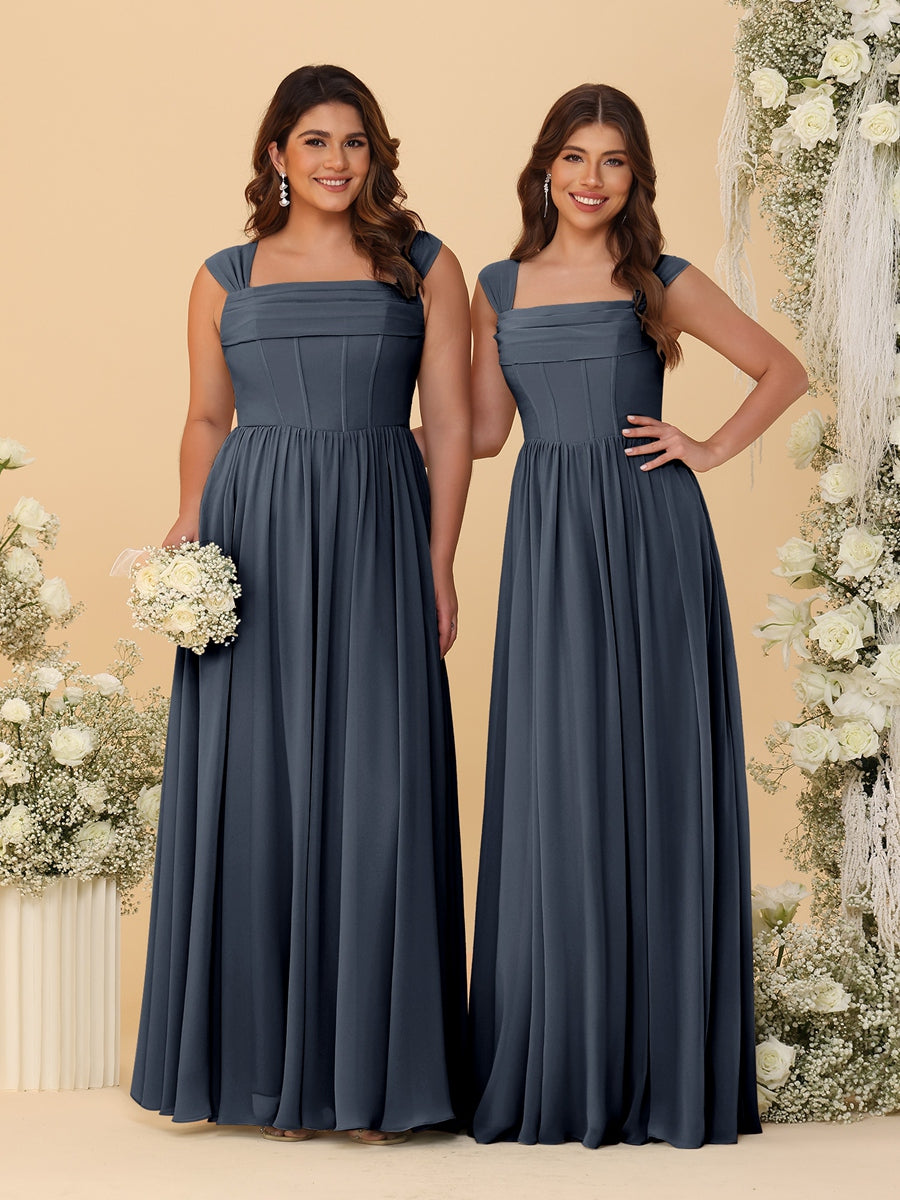 Chiffon A-Line/Princess Square Neck Sleeveless Bridesmaid Dresses with Pleats - Image 47