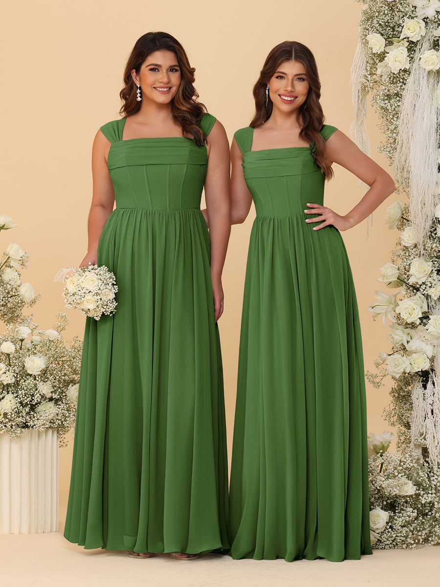 Chiffon A-Line/Princess Square Neck Sleeveless Bridesmaid Dresses with Pleats - Image 50
