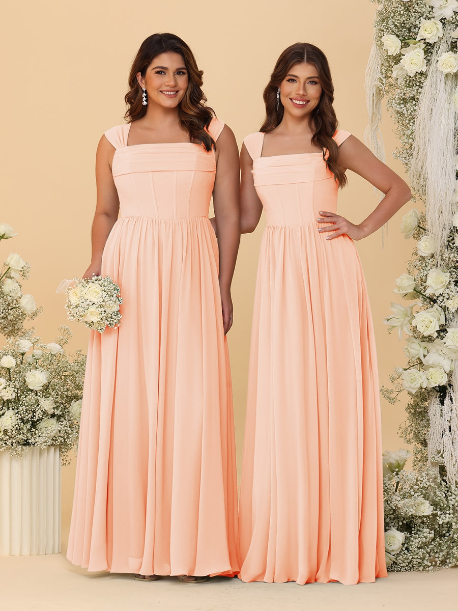 Chiffon A-Line/Princess Square Neck Sleeveless Bridesmaid Dresses with Pleats - Image 53